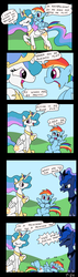 Size: 528x1861 | Tagged: safe, artist:tifu, princess celestia, princess luna, rainbow dash, alicorn, pegasus, pony, g4, :o, annoyed, comic, derp, dialogue, eyes closed, female, flip n whirl rainbow dash, floppy ears, glare, i'm a princess are you a princess too?, laughing, meta, my wings are so pretty, on back, open mouth, ponies riding ponies, pun, rainbow dash riding celestia, raised hoof, riding, sitting, smiling, spread wings, talking toy, toy, toylestia, yelling
