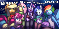 Size: 1800x897 | Tagged: safe, artist:siden, applejack, fluttershy, pinkie pie, rainbow dash, rarity, spike, twilight sparkle, dragon, earth pony, pegasus, unicorn, anthro, g4, 2014, applejack's hat, clothes, cowboy hat, eye clipping through hair, eyebrows, eyebrows visible through hair, featured image, female, freckles, hair over one eye, happy new year, hat, male, mane seven, mane six, new year, open mouth, stetson, sweatershy