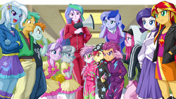 Size: 1245x700 | Tagged: safe, artist:uotapo, apple bloom, diamond tiara, pinkie pie, princess celestia, princess luna, principal celestia, rarity, scootaloo, silver spoon, snails, snips, sunset shimmer, sweetie belle, trixie, vice principal luna, human, equestria girls, g4, my little pony equestria girls: rainbow rocks, the show stoppers, battle of the bands, canterlot high, clothes, cutie mark, cutie mark crusaders, cutie mark crusaders song, cutie mark on clothes, dress, female, hilarious in hindsight, male, megaphone, open mouth, pants, pinkamena diane pie, puffy sleeves, show stopper outfits, skirt, tracksuit, trixie's fans