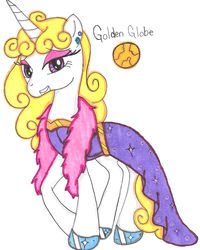 Size: 1756x2192 | Tagged: safe, artist:mea0113, oc, oc only, oc:golden globe, pony, unicorn, adoptable, clothes, dress, ear piercing, earring, eyeshadow, feather boa, grin, hoof shoes, horn, jewelry, lidded eyes, looking at you, makeup, piercing, pink eyeshadow, purple eyes, smiling, solo, traditional art, unicorn oc