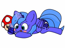 Size: 1080x809 | Tagged: safe, artist:gasplanet, princess luna, alicorn, pony, gamer luna, g4, :p, adorkable, cute, dork, female, filly, frown, hoof hold, levitation, lunabetes, magic, mushroom, nintendo ds, simple background, solo, telekinesis, tongue out, white background, woona, younger