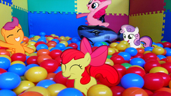 Size: 1920x1080 | Tagged: safe, artist:brainchildeats, artist:mr-kennedy92, artist:quanno3, artist:ryanthebrony, artist:smlahyee, edit, apple bloom, pinkie pie, scootaloo, sweetie belle, shark, g4, ball pit, cutie mark crusaders, eyes closed, grin, happy, having fun, inflatable, irl, meme, open mouth, photo, ponies in real life, smiling, vector, walls