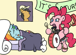 Size: 3500x2500 | Tagged: safe, artist:doggonepony, daring do, pinkie pie, rainbow dash, g4, accordion, banner, bed, bedroom, blanket, drums, harmonica, johnny test, musical instrument, poster, this will end in tears, wonderbolts logo