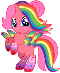 Size: 844x1024 | Tagged: safe, artist:creshosk, oc, oc only, oc:cherry bloom, alicorn, pony, g4, alicorn oc, blushing, colored wings, female, filly, multicolored wings, not a vector, rainbow hair, rainbow power, rainbow power-ified, rainbow tail, rainbow wings, solo