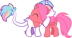 Size: 1445x766 | Tagged: safe, artist:creshosk, oc, oc only, oc:cherry bloom, oc:lorelei, alicorn, classical unicorn, pony, alicorn oc, duo, eyes closed, filly, horn, hug, leonine tail, simple background, transparent background, vector