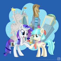Size: 900x900 | Tagged: safe, artist:swanlullaby, coco pommel, rarity, earth pony, pony, unicorn, g4, crystaller building, duo, female, lesbian, manehattan, mare, rainbow thread, ship:marshmallow coco, shipping, statue, statue of friendship, thread