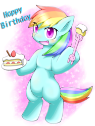 Size: 706x937 | Tagged: safe, artist:runamon, rainbow dash, pony, g4, abstract background, bipedal, cake, female, fork, happy birthday, mare, open mouth, pixiv, solo, wingless