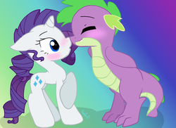 Size: 2200x1600 | Tagged: safe, artist:keira-chann, rarity, spike, g4, :o, blushing, boop, eyes closed, fangs, female, floppy ears, male, noseboop, older, older spike, raised hoof, ship:sparity, shipping, smiling, straight