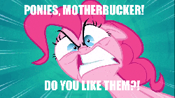 Size: 854x480 | Tagged: safe, edit, edited screencap, screencap, pinkie pie, earth pony, pony, g4, pinkie pride, angry, animated, bronybait, caption, female, image macro, in-universe pegasister, meme, pulp fiction, question, solo, yelling