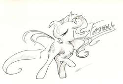 Size: 1280x868 | Tagged: safe, artist:getchanoodlewet, rarity, g4, female, monochrome, solo, traditional art