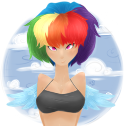 Size: 1024x1024 | Tagged: safe, artist:grandifloru, rainbow dash, human, g4, alternate hairstyle, breasts, busty rainbow dash, clothes, female, humanized, light skin, midriff, solo, sports bra, winged humanization