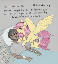 Size: 1000x1091 | Tagged: safe, artist:ptg, fluttershy, human, g4, comforting, scar, unshorn fetlocks