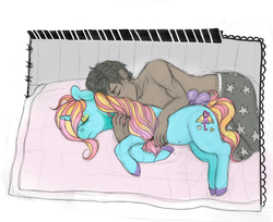 Size: 1000x815 | Tagged: safe, artist:ptg, dewdrop dazzle, oc, human, pony, unicorn, g4, bow, canon x oc, clothes, cuddling, dark skin, eyes closed, female, horn, human male, interspecies, lying down, male, mare, on side, pants, partial nudity, sleeping, snuggling, spooning, tail, tail bow, topless, unshorn fetlocks