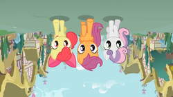 Size: 1440x810 | Tagged: safe, screencap, apple bloom, scootaloo, sweetie belle, g4, pinkie pride, cutie mark crusaders, upside down