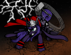 Size: 2376x1836 | Tagged: safe, artist:selenophile, princess luna, g4, angry, cape, clothes, female, hammer, helmet, lightning, mjölnir, solo, thor