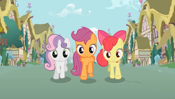 Size: 1440x810 | Tagged: safe, edit, screencap, apple bloom, scootaloo, sweetie belle, g4, pinkie pride, cutie mark crusaders