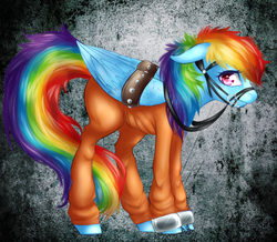 Size: 643x561 | Tagged: safe, artist:miniyume, rainbow dash, pegasus, pony, g4, bound wings, bridle, clothes, female, floppy ears, never doubt rainbowdash69's involvement, prison outfit, prisoner rd, shackles, solo, standing
