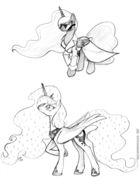 Size: 1088x1375 | Tagged: safe, artist:endlessnostalgia, princess luna, g4, clothes, female, monochrome, solo, sunglasses, traditional art