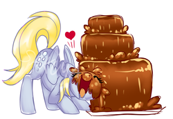 Size: 5390x3718 | Tagged: safe, artist:sakuyamon, derpy hooves, pegasus, pony, g4, chocolate, chocolate fountain, cute, daaaaaaaaaaaw, derpabetes, drinking, eyes closed, female, food, fountain, happy, heart, hnnng, mare, open mouth, smiling, solo, watermark