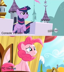Size: 1435x1614 | Tagged: safe, screencap, pinkie pie, twilight sparkle, g4, pinkie pride, frown, glorious master race, grin, leaning, open mouth, raised hoof, smiling, video game, windswept mane