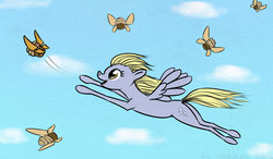 Size: 720x420 | Tagged: safe, artist:el-yeguero, derpy hooves, pegasus, pony, g4, female, flying, mare, muffin, solo