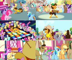 Size: 1689x1408 | Tagged: safe, edit, edited screencap, screencap, amethyst star, applejack, berry punch, berryshine, bon bon, carrot top, cheese sandwich, cherry berry, cherry cola, cherry fizzy, cloud kicker, coco crusoe, derpy hooves, dizzy twister, doctor whooves, fluttershy, golden harvest, lemon hearts, linky, lucky clover, lyra heartstrings, matilda, meadow song, minuette, noi, orange swirl, parasol, pinkie pie, rainbow dash, rainbowshine, rarity, roseluck, shoeshine, sparkler, spike, sunshower raindrops, sweetie drops, time turner, twilight sparkle, twinkleshine, alicorn, pony, g4, pinkie pride, background pony, background six, collage, dance floor, female, mane six, mare, melody (g4), ponies standing next to each other, twilight sparkle (alicorn)