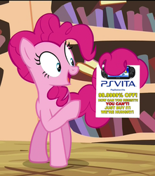 Size: 717x810 | Tagged: safe, pinkie pie, g4, three's a crowd, female, flyer, meme, open mouth, pinkie's exciting flyer, playstation, playstation vita, prehensile tail, solo, tail, tail hold