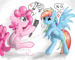 Size: 833x665 | Tagged: source needed, safe, artist:nyashaponyasha, pinkie pie, rainbow dash, g4, angry, brushie, no