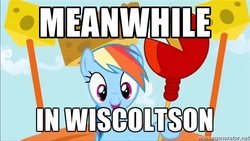 Size: 500x281 | Tagged: safe, rainbow dash, g4, pinkie pride, cheese, cheese hat, cheese scepter, cheesehead, female, hat, image macro, solo, wisconsin