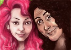 Size: 3507x2478 | Tagged: safe, artist:yusutina, cheese sandwich, pinkie pie, human, g4, pinkie pride, duo, humanized, weird al yankovic