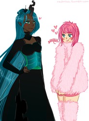 Size: 632x860 | Tagged: safe, artist:redmisa, queen chrysalis, oc, oc:fluffle puff, human, g4, blushing, clothes, dark skin, female, heart, horn, horned humanization, humanized, lesbian, light skin, ship:chrysipuff, shipping, sweater, winged humanization, wings