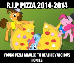 Size: 1494x1261 | Tagged: safe, cheese sandwich, pinkie pie, rainbow dash, g4, pinkie pride, image macro, meme, pizza, sarcasm in the comments