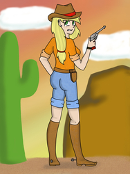 Size: 1200x1600 | Tagged: safe, artist:redsonne, applejack, human, g4, cactus, female, gun, humanized, light skin, revolver, solo, weapon