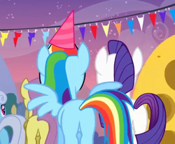 Size: 558x460 | Tagged: safe, screencap, goldengrape, linky, parasol, rainbow dash, rarity, shoeshine, sir colton vines iii, pony, g4, pinkie pride, butt, female, hat, mare, party, party hat, plot