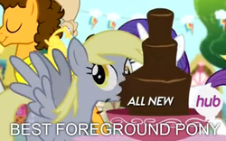 Size: 851x531 | Tagged: safe, boneless, cheese sandwich, derpy hooves, rarity, pegasus, pony, g4, pinkie pride, best pony, chocolate fountain, female, foreground pony, mare
