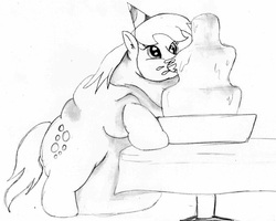 Size: 2504x2001 | Tagged: artist needed, safe, derpy hooves, pegasus, pony, g4, aderpose, chocolate fountain, fat, female, hat, inflation, mare, monochrome, obese, scene interpretation, solo, stuffed, table