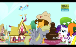 Size: 1680x1050 | Tagged: safe, screencap, cheese sandwich, derpy hooves, rainbow dash, rarity, pegasus, pony, g4, pinkie pride, chocolate, chocolate fountain, female, hub logo, mare