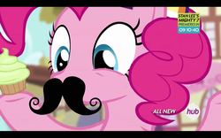 Size: 1680x1050 | Tagged: safe, screencap, pinkie pie, g4, my little pony: friendship is magic, pinkie pride, cupcake, female, hub logo, moustache, solo