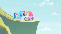 Size: 1366x768 | Tagged: safe, screencap, cream puff, rainbow dash, earth pony, pegasus, pony, g4, the mysterious mare do well, baby, baby carriage, baby pony, female, filly, foal, mare
