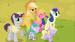 Size: 1366x768 | Tagged: safe, screencap, applejack, aura (g4), bon bon, cherry berry, dinky hooves, sweetie drops, written script, earth pony, pony, g4, the mysterious mare do well, background pony