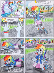 Size: 2154x2931 | Tagged: safe, artist:jothecatlover, princess celestia, rainbow dash, equestria girls, g4, alternate scenario, big no, comic, magic mirror, mirror, traditional art, twiscream