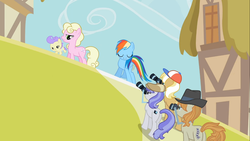 Size: 1366x768 | Tagged: safe, screencap, cream puff, long shot, millie, press pass, press release (character), rainbow dash, snappy scoop, earth pony, pegasus, pony, g4, the mysterious mare do well, baby, baby pony, butt, female, foal, mare, mom, paparazzi, plot