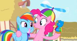 Size: 1912x1013 | Tagged: safe, screencap, pinkie pie, rainbow dash, g4, pinkie pride, aweeg*, cupcake, hat, propeller hat, puffy cheeks, rainbow cupcake