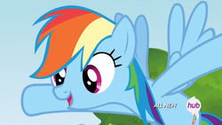 Size: 1366x768 | Tagged: safe, screencap, rainbow dash, g4, rainbow falls, cute, female, flying, open mouth, smiling, solo