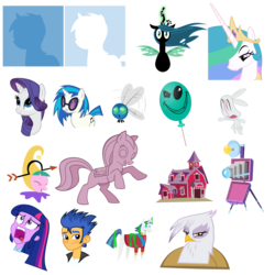 Size: 2000x2000 | Tagged: safe, artist:the smiling pony, angel bunny, discord, dj pon-3, flash sentry, gilda, princess celestia, queen chrysalis, rarity, shining armor, twilight sparkle, vinyl scratch, griffon, parasprite, pony, equestria girls, g4, .svg available, balloon, camera, farmhouse, jester, pointy ponies, simple background, statue, template, transparent background, vector