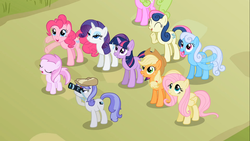 Size: 1366x768 | Tagged: safe, screencap, applejack, bon bon, daisy, flower wishes, fluttershy, linky, pinkie pie, piña colada, rarity, shoeshine, snappy scoop, sweetie drops, twilight sparkle, earth pony, pegasus, pony, unicorn, g4, the mysterious mare do well, background pony, camera, female, filly, hat, mare, piña cutelada, unicorn twilight