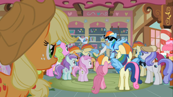 Size: 1366x768 | Tagged: safe, screencap, alula, applejack, berry punch, berryshine, bon bon, daisy, flower wishes, liza doolots, noi, petunia, piña colada, pluto, rainbow dash, ruby pinch, scootaloo, snappy scoop, sweetie drops, tootsie flute, tornado bolt, g4, the mysterious mare do well, rainbow dash fanclub, rainbow wig, sugarcube corner, sunglasses