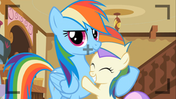 Size: 1366x768 | Tagged: safe, screencap, alula, pluto, rainbow dash, g4, the mysterious mare do well, camera, camera shot, hug, lil dashies, side hug