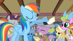 Size: 1366x768 | Tagged: safe, screencap, carrot top, cloud kicker, coco crusoe, daisy, flower wishes, golden harvest, lemon hearts, linky, noi, rainbow dash, rainbowshine, scootaloo, shoeshine, spike, written script, g4, the mysterious mare do well, hat