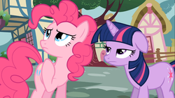 Size: 1366x768 | Tagged: safe, screencap, pinkie pie, twilight sparkle, pony, unicorn, g4, the mysterious mare do well, duo, grumpy twilight, unicorn twilight